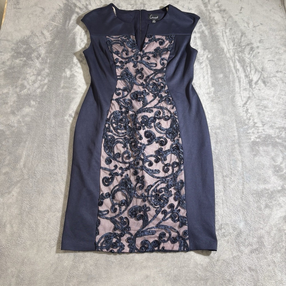 Connected Apparel Navy Blue Lace Inset Sheath Dress Floral Appliqués Elegant 12